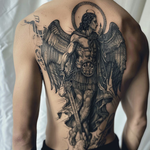 Saint Michael in Blackwork Tattoo: Silhouette, Intricate Patterns, Stark White Background