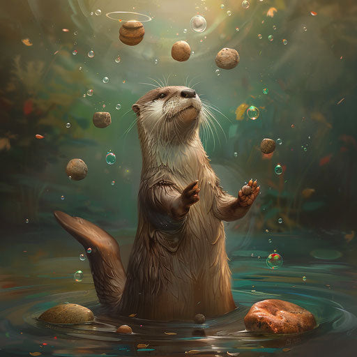 Otter juggling small pebbles on its belly