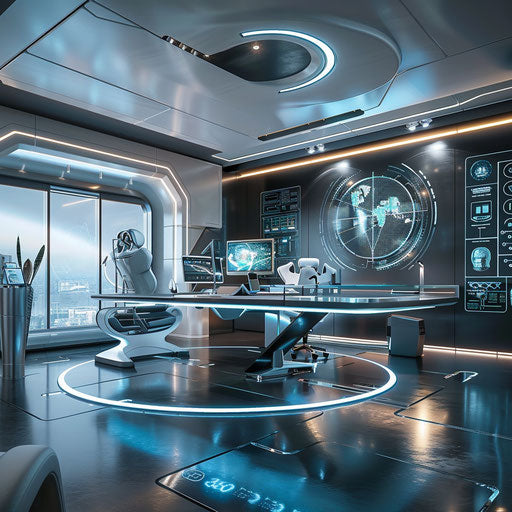 Futuristic office with innovative tech and holograms