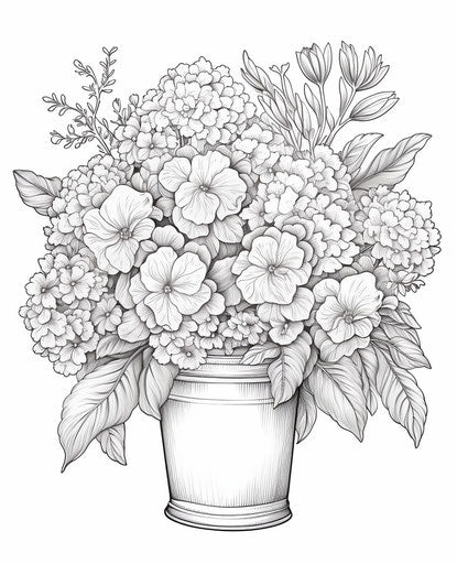 A bucket of flowers in an adult coloring page