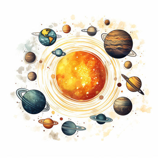 Solar system clipart in the style of Chiaroscuro Art, on a white background