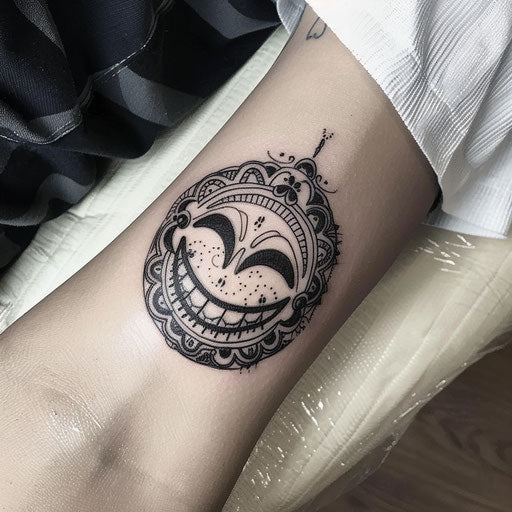 Traditional tribal style smiley face tattoo, intricate patterns