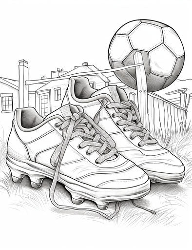 Soccer ball and shoes coloring page, pictorial style