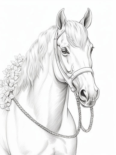 Horse with a bow, coloring page, soft realism style