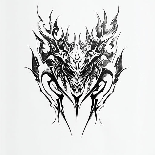 Tribal dragon tattoo sketch with head framed by sharp lines
