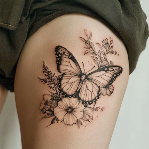 Female thigh tattoos in the style of Maria Sibylla Merian with a delicate butterfly and flower motif