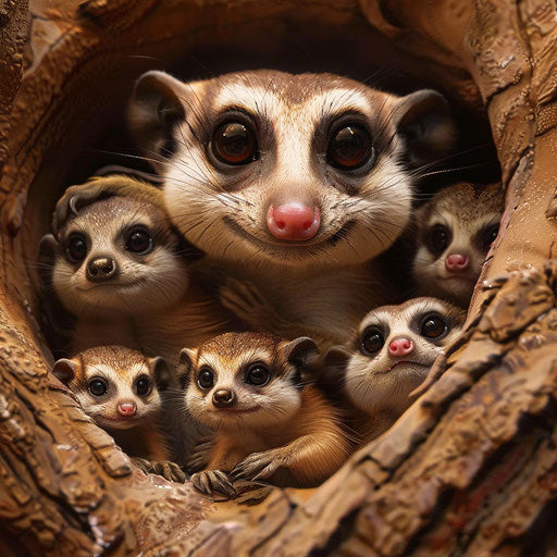 A sugar glider joining a family of meerkats for a day, blending in perfectly