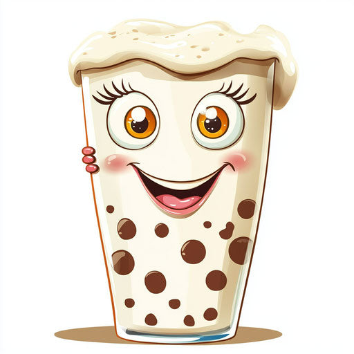 Humorous caricature of a milk caricature clipart with human characteristics, exaggerated long eyelashes, with fingers hands, polka-dotted, vibrant colors, cartoon style, smiling, high-resolution
