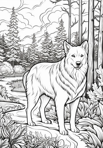 Dog walking in forest coloring page, iconic American style, bold and angular