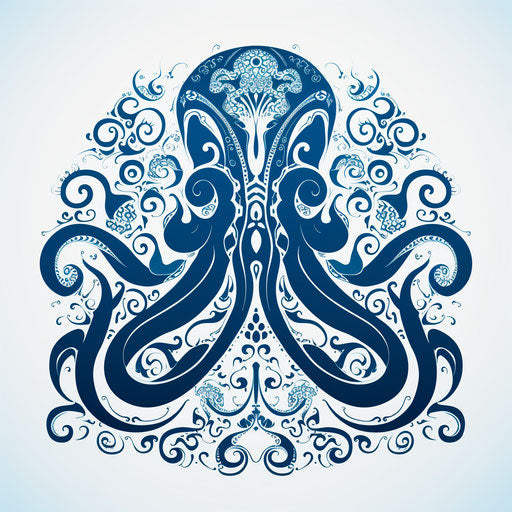 Blue and white octopus design with swirls, mystic symbolism style