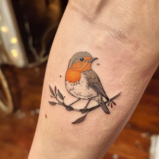 Whimsical flat tattoo sketch of a cartoonish robin with playful, exaggerated features