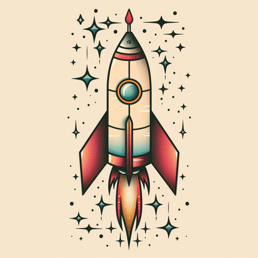 Stylish flat tattoo sketch of a classic rocket, soft pastel hues, clipart style