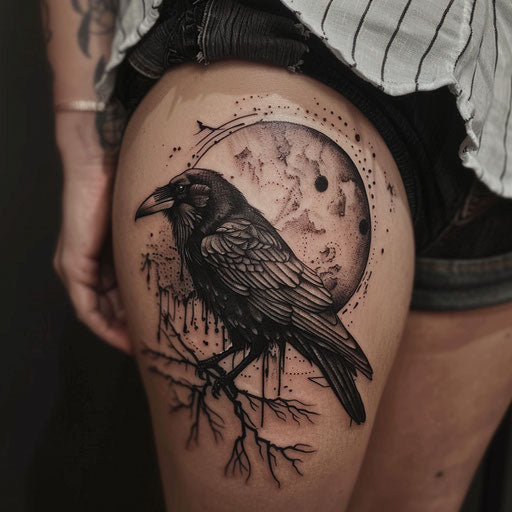 hip tattoo of a raven, in the style of Adrian Smith
