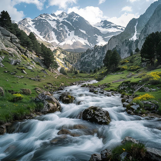 The Pyrenees Mountains with a river in the foreground