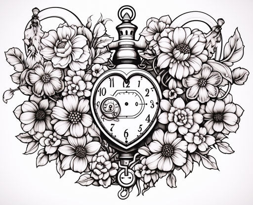 Coloring page with a heart and flowers in steampunk style