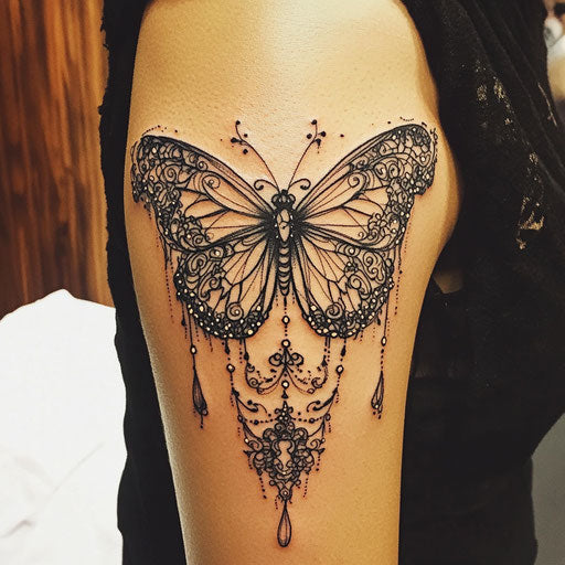 Butterfly tattoo on arm with gothic filigree, Ed Hardy style