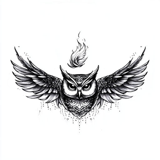 Owl tattoo sketch with rising phoenix on white background