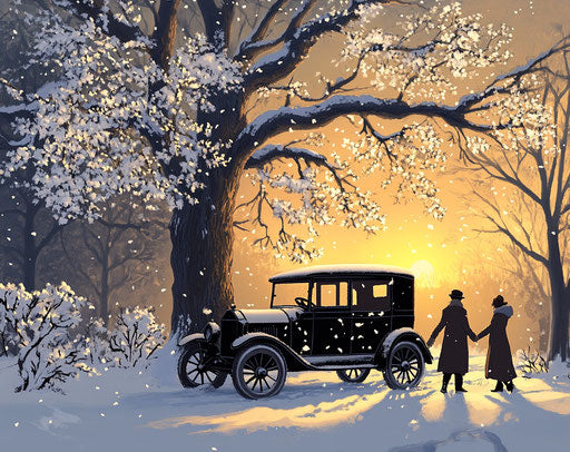 Winter scene with a Model T Ford and two people holding hands