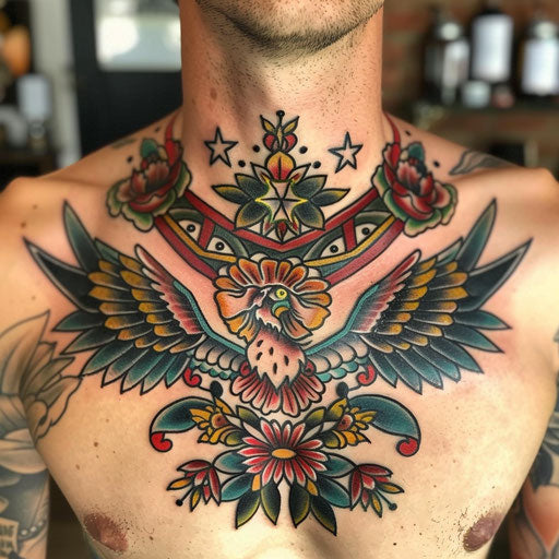 Colorful Ed Hardy-style collarbone tattoo, Americana themes