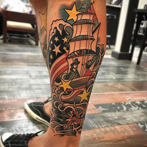 Classic Americana leg tattoo with patriotic symbols