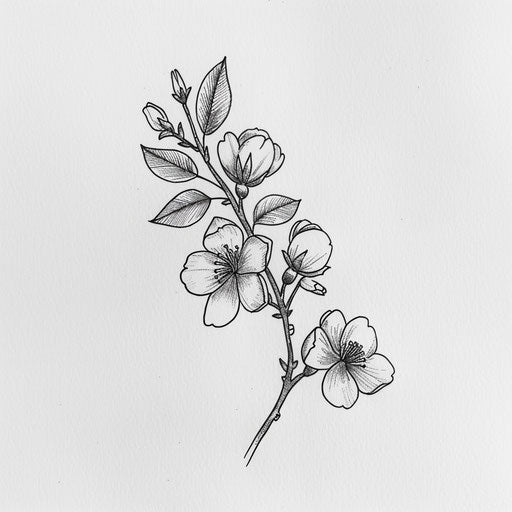 Ink sketch of a small cherry blossom tattoo on white paper.