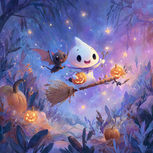 A cheerful ghost and bat flying in a magical forest