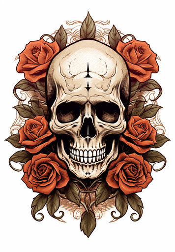 Sugar skull with roses vector, in the style of masterful shading, light brown and light black, cartelcore, distinct framing, uhd image, white background 53:76