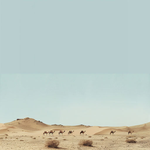 Camels grazing in a minimalist landscape