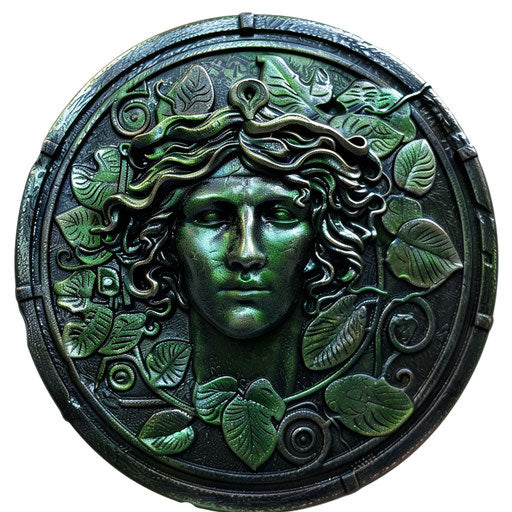 Spartan shield in 3D with Medusa head in green and black