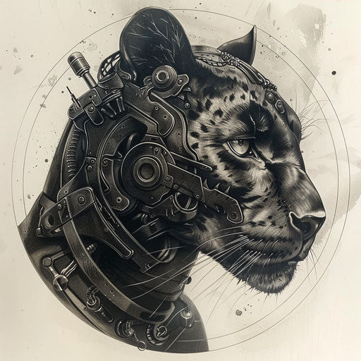 Steampunk black panther tattoo design, mechanical details on vintage white background