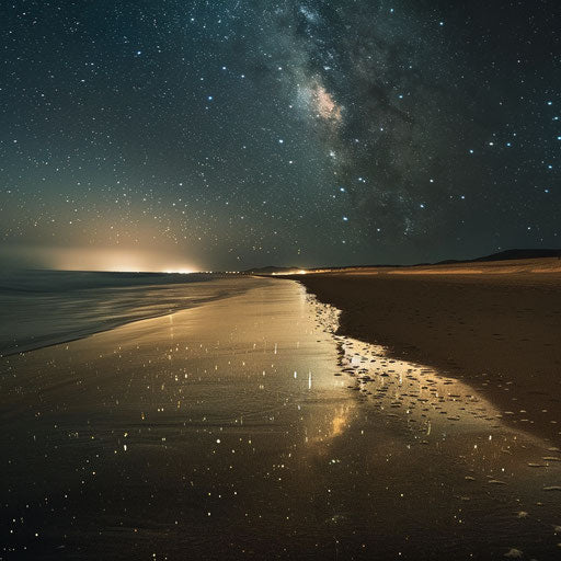 Nighttime beach with stars reflecting on water