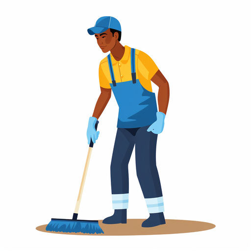 Minimalist illustration of a janitor on white background