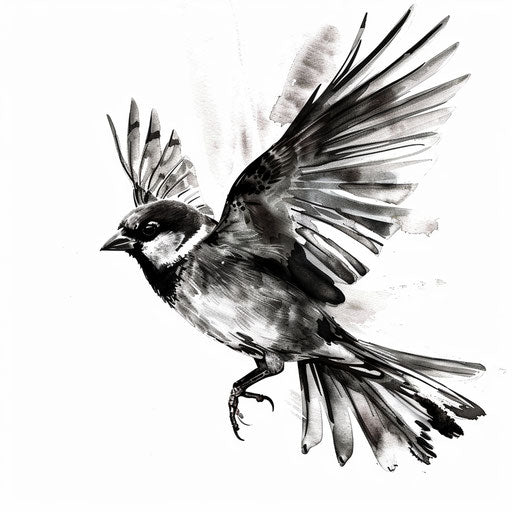 Sparrow in flight, detailed feathers in black and gray on white
