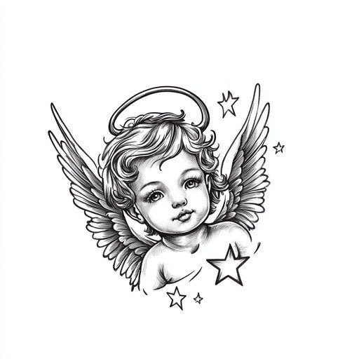 Angel tattoo with halo and stars on pure white background