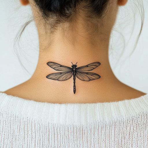 Dragonfly silhouette in dark ink small neck tattoo for men
