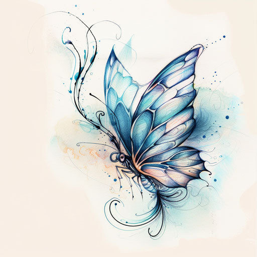 Sketch of blue butterfly tattoo with soft pastel tones