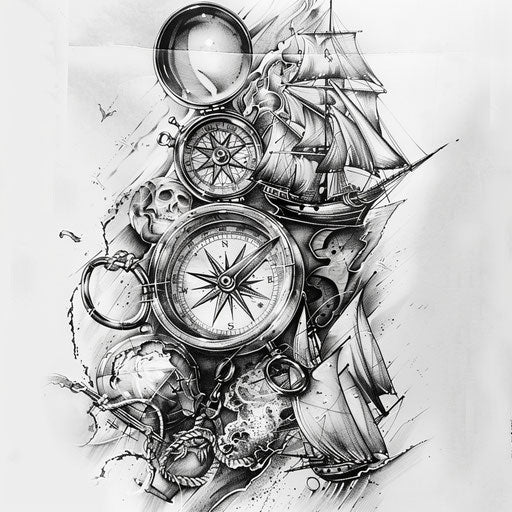 Sketch of compass and nautical themes tattoo, full sleeve for men