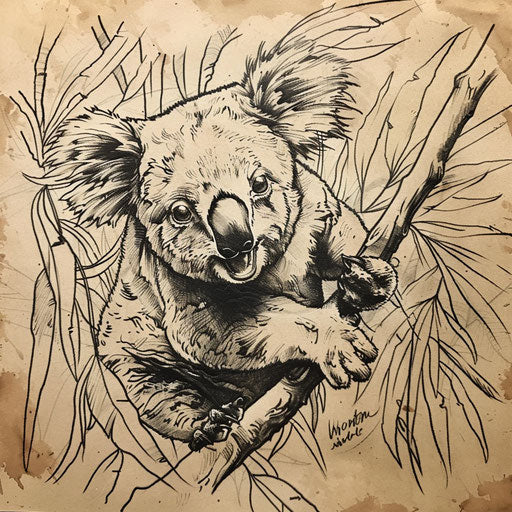 Dynamic tattoo sketch of a koala leaping playfully among branches
