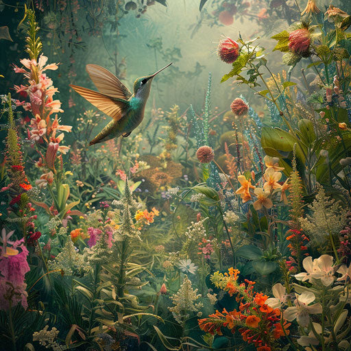 Humming bird moth in a fantastical garden
