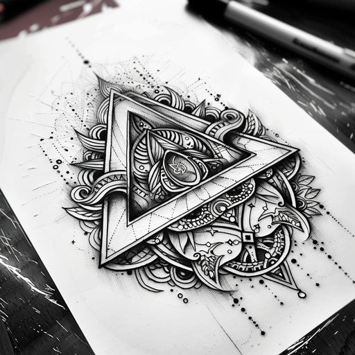 Bohemian mandala tattoo sketch of a Valknut with intricate lace patterns