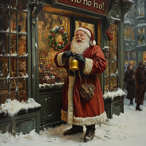 Santa Claus ringing a golden bell outside a quaint shop