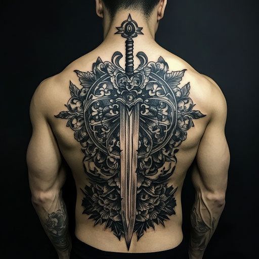 Mandala tattoo men with shield and sword elements