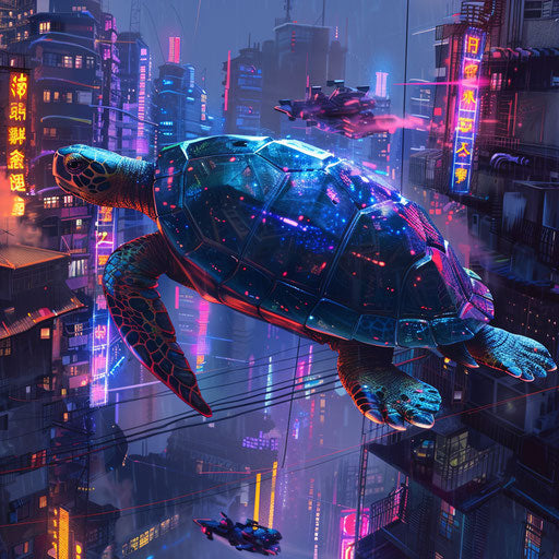 A cybernetic turtle with neon highlights in a futuristic cityscape