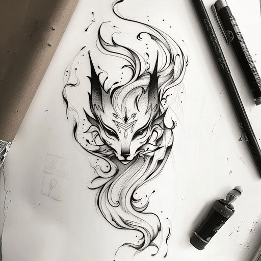 Monochrome flat tattoo sketch of a kitsune