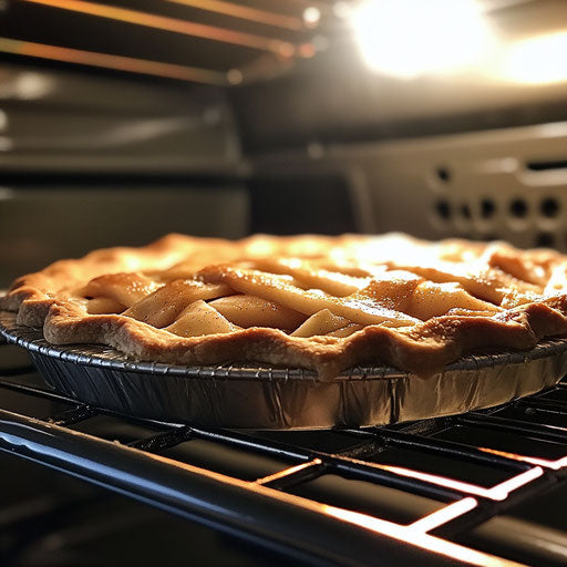 Apple pie baking, golden crust and bubbling filling