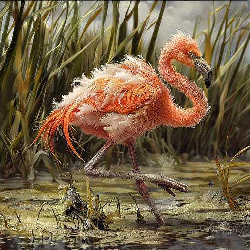 Young flamingo learning to walk on soft ground