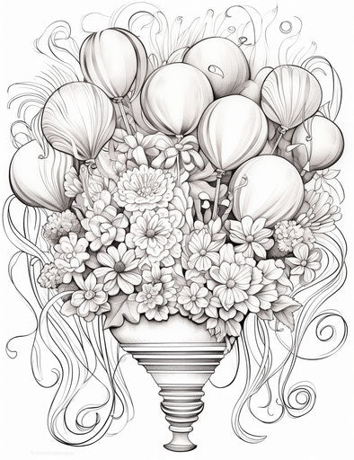Happy birthday coloring page with balls and balloons