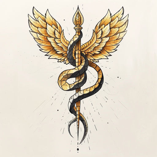 Elegant flat tattoo sketch of a caduceus symbol with golden wings