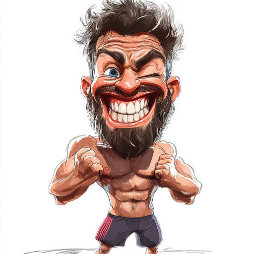 Humorous caricature of a fitness clipart with human characteristics, exaggerated expressive eyes