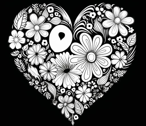 Heart of flowers in black and white, bold traditional style
